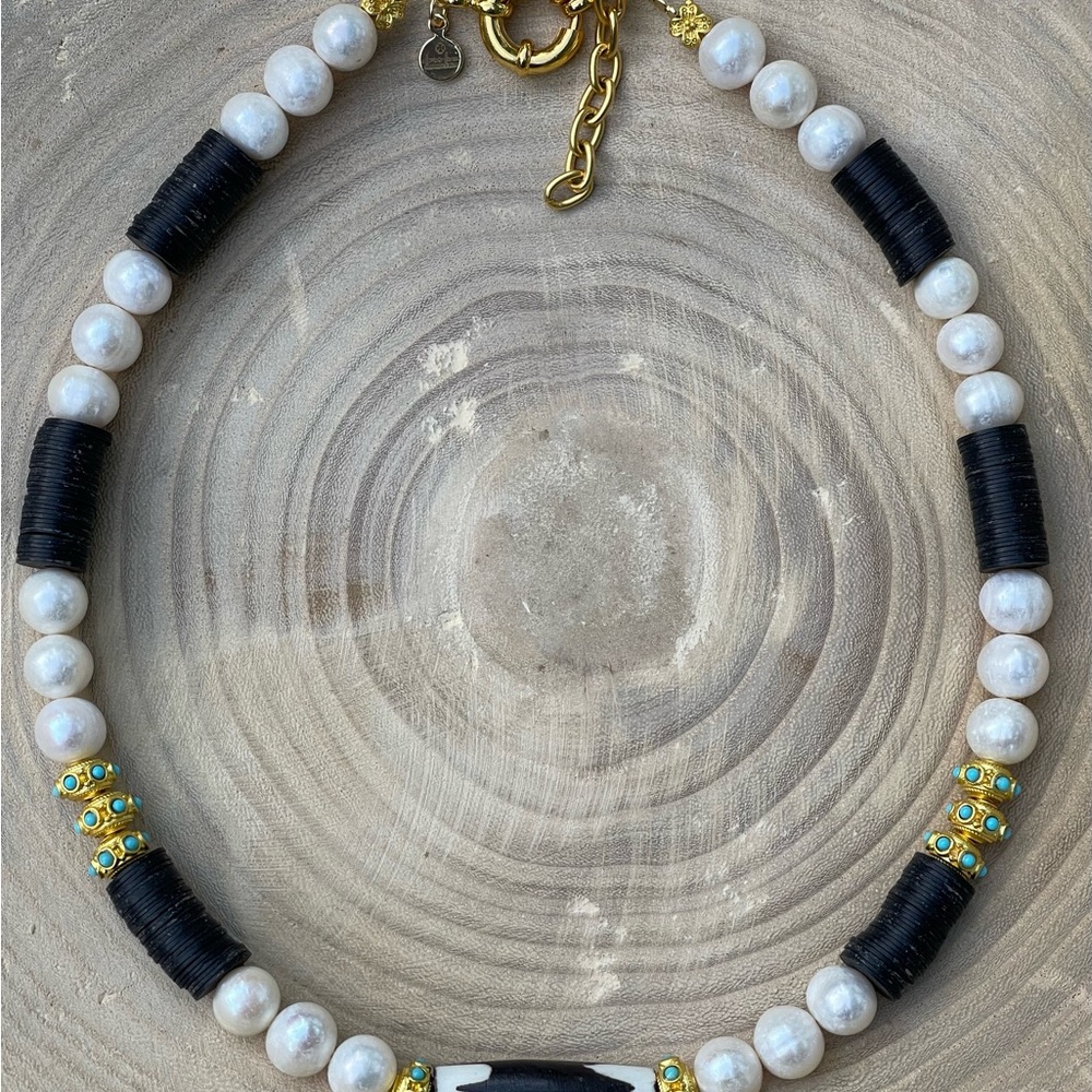 Tribal Throne Necklace: Creamy freshwater pearls African beads and gold accents